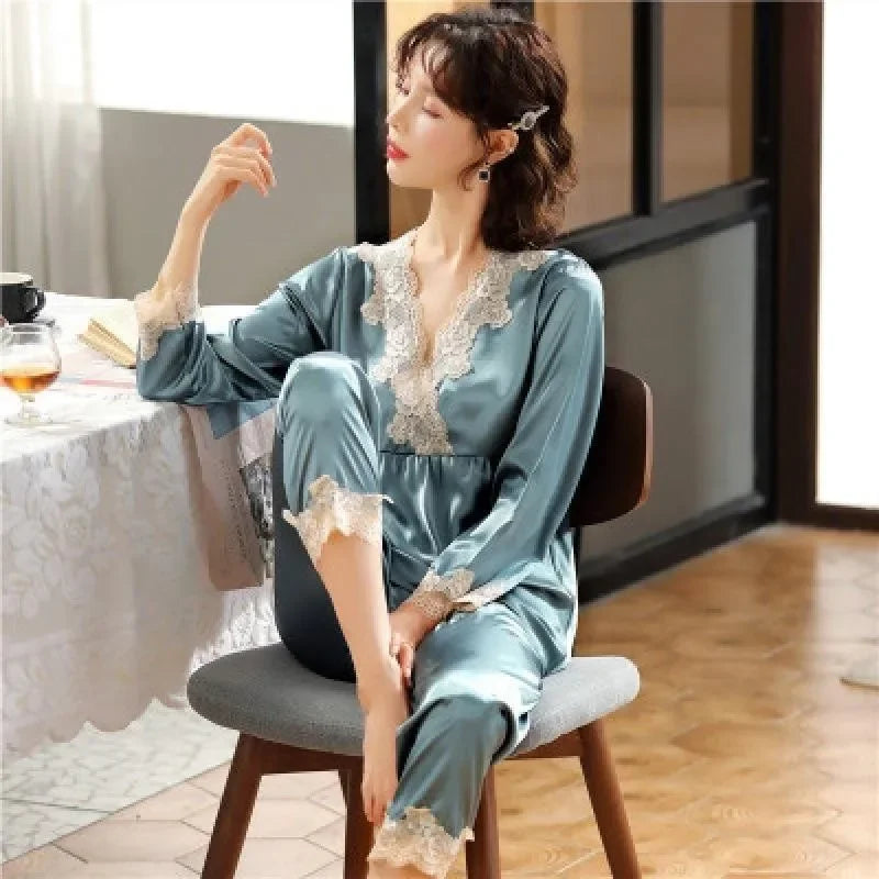 Ensemble de pyjama en satin pour femme - Haut à manches longues et pantalon, couleur unie, imprimé cœur, cardigan, vêtements de nuit pour fille