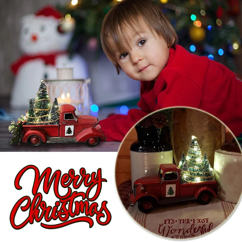 Christmas Retro Red Truck Ornaments Metal Car With Mini Green Tree And Box Xmas Table Decoration