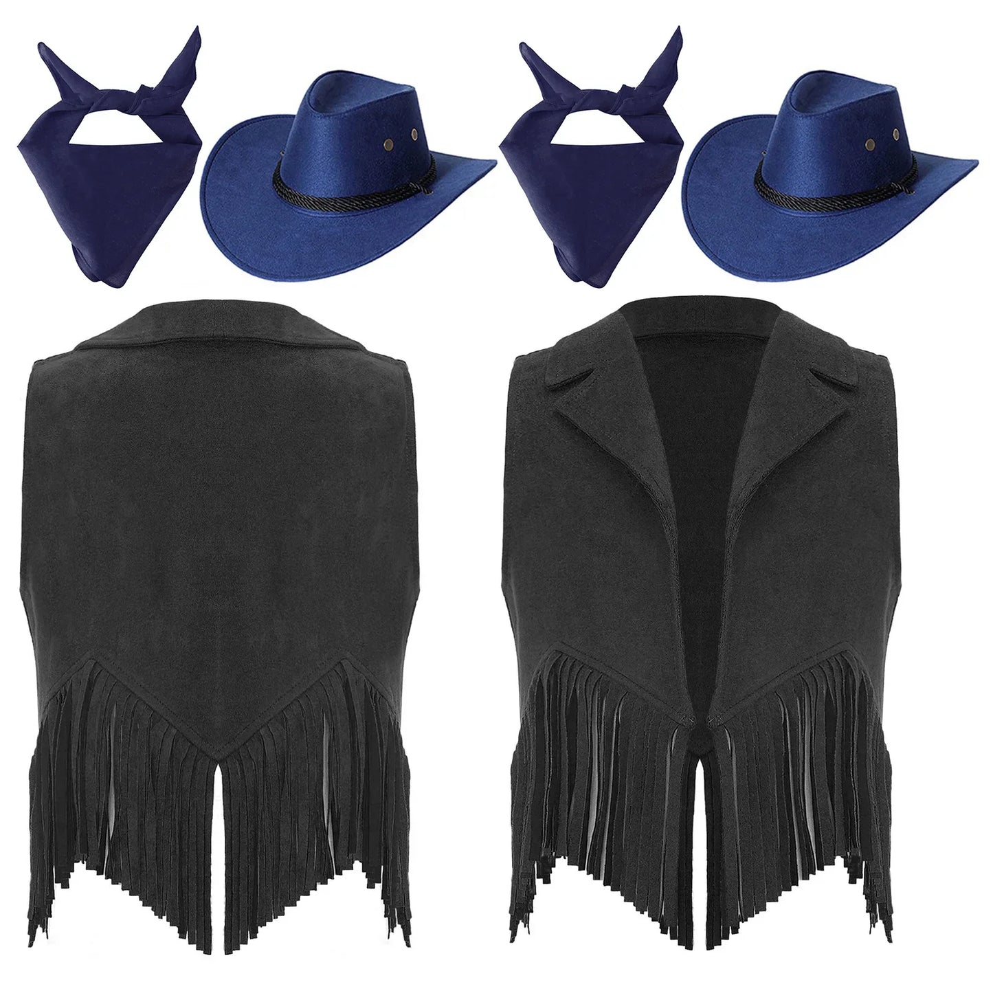 Girls Western Cowboy Cowgirl Cosplay Costume Open Front Retro Suede Tassels Vest with Bandana Scarf Hat for Halloween Carnival