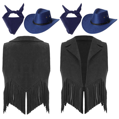 Girls Western Cowboy Cowgirl Cosplay Costume Open Front Retro Suede Tassels Vest with Bandana Scarf Hat for Halloween Carnival