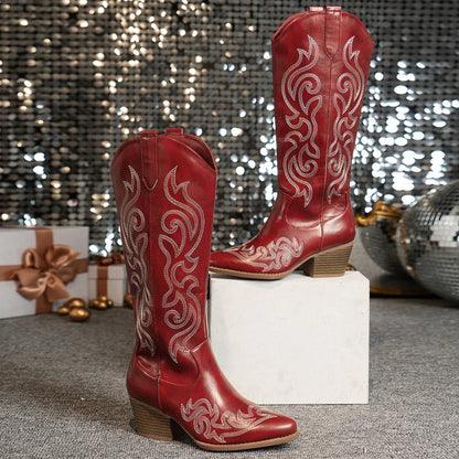 Bottes de cowboy occidentales rétro brodées pour femmes, bout pointu, talon bloc haut, fausse couverture avec doublure en tissu et semelle TPR, fermeture éclair C