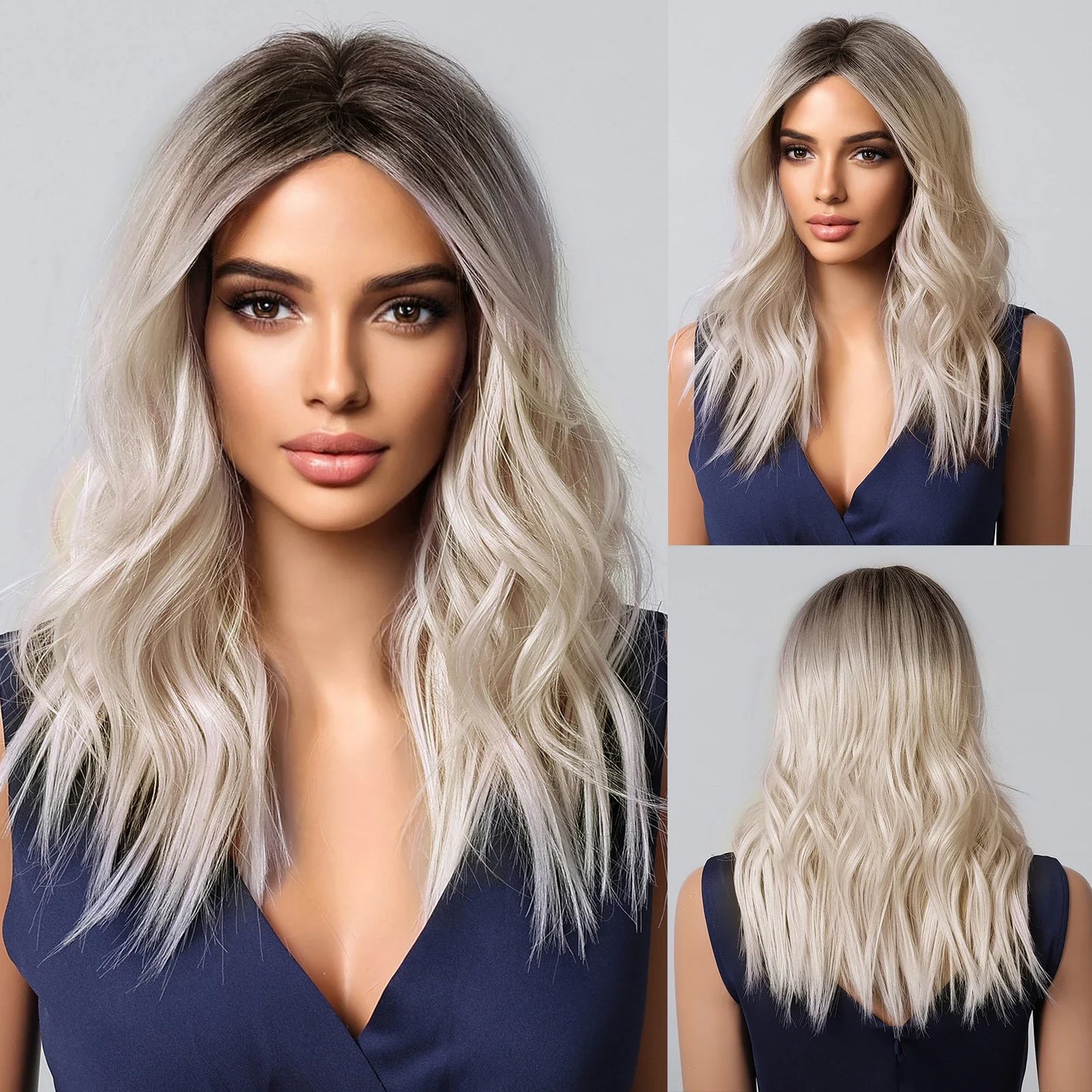 Brown Blonde Ombre Synthetic Wigs for Women Medium Length Wavy Layered Wigs With Side Bangs Daily Party Heat Resistant Fake Hair