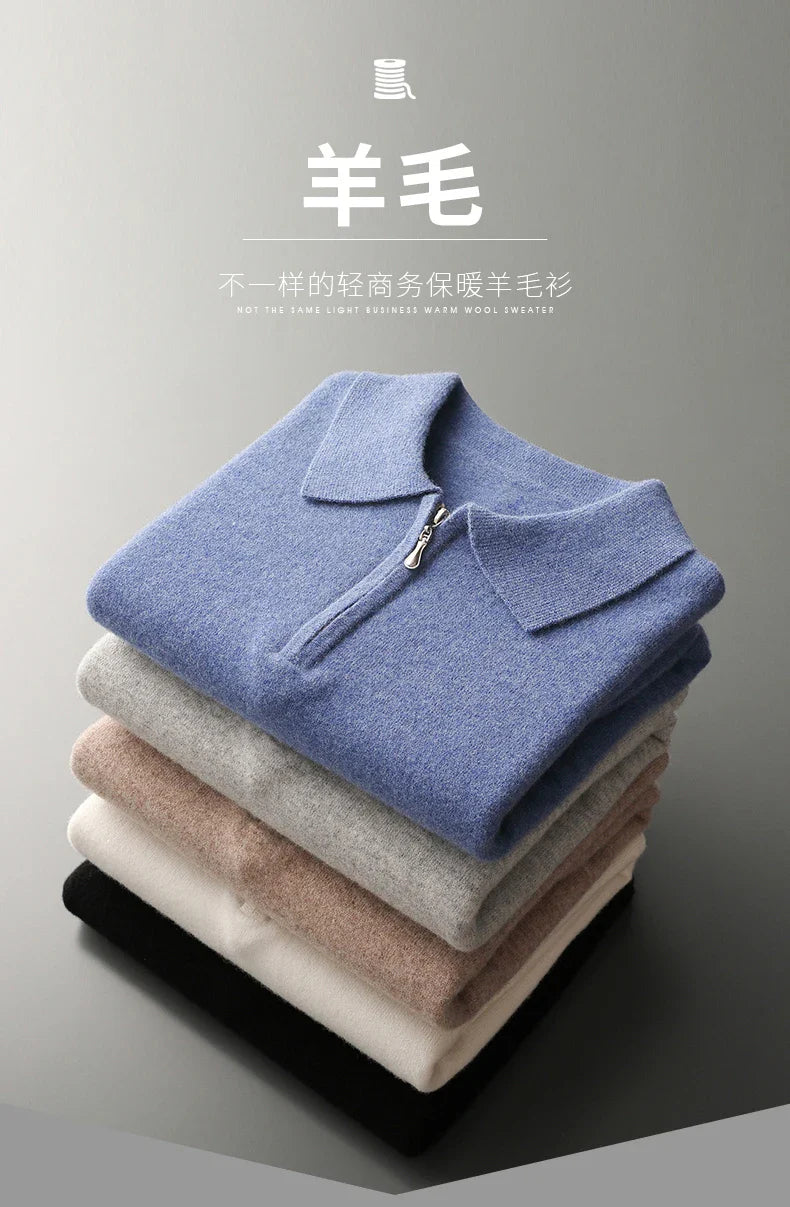 Autumn and Winter New Cashmere Sweater Men's 100% Merino Wool Pullover Casual Loose POLO Knitted Bottom Shirt Jacket Shirt