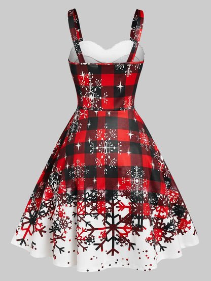 Women's Plaid Christmas Party Dress, Snowflake Print, Fiber Dress, Sweetheart Neck, Christmas Dresses, New, Educational, 2024
