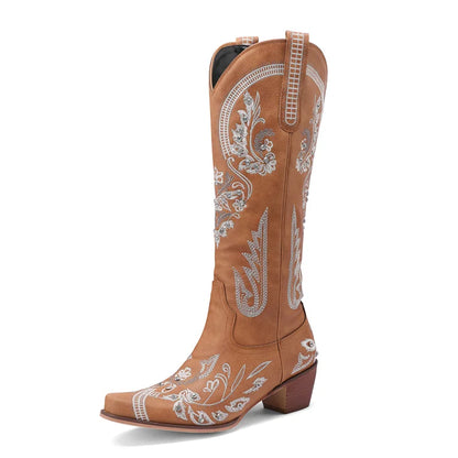 Bottes de cowboy occidentales au genou pour femmes, broderie de fleurs, biscuits, blanc, marron, rond, Parker, talons hauts, rétro, bottes longues de cowgirl