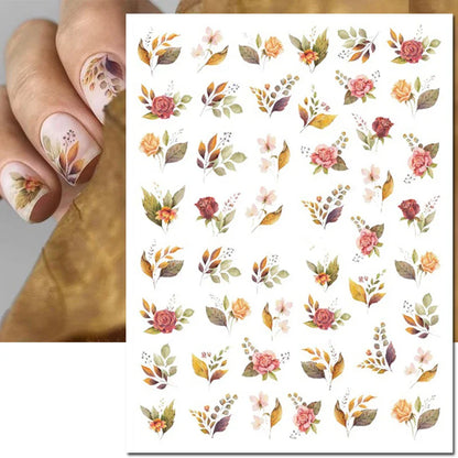 3d Nail Art Stickers Winter Autumn Golden Leaves Red Roses Flowers Decals For Nails Decoration Manicure Salon Beauty