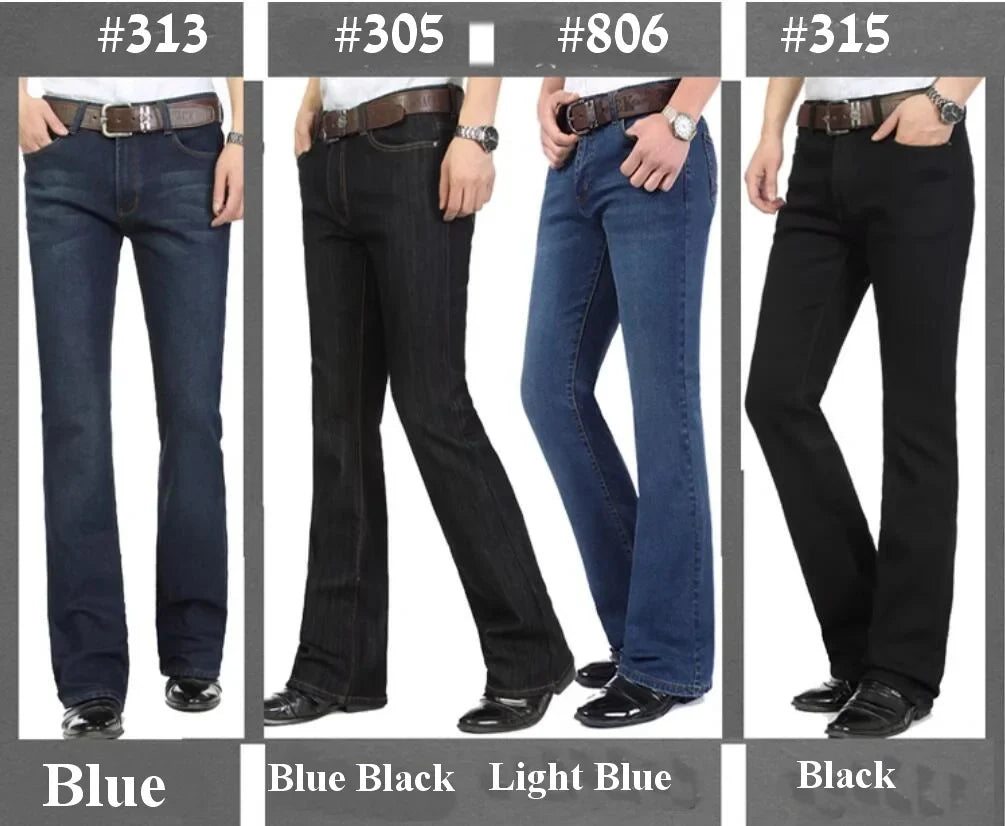 Men's Flared Jeans For Winter Thick Mid High Waist Slim Bell-bottoms Pants Elastic Fared Denim Trousers Size 26-40