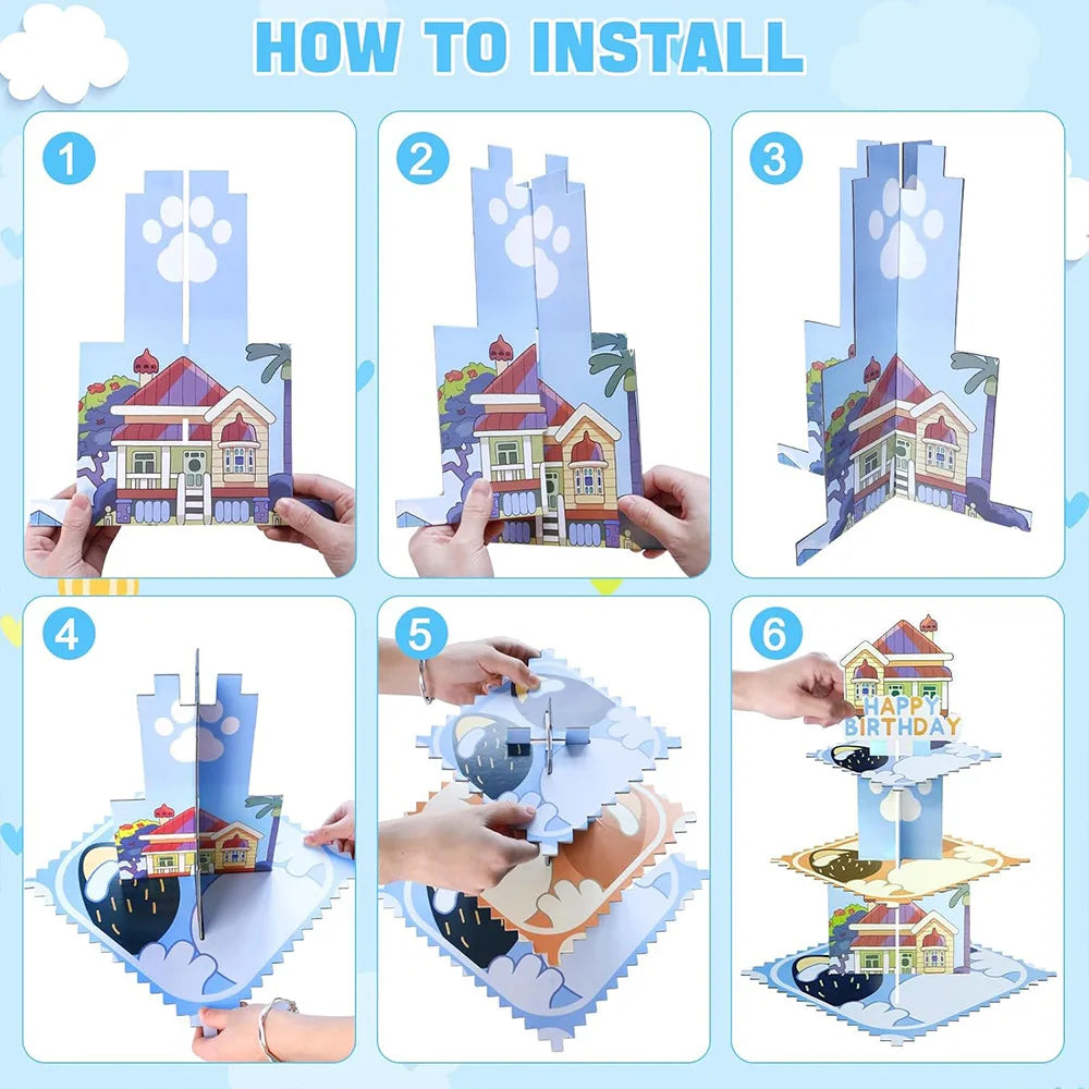 Cartoon Cute Bluey Birthday Party Cake Stand Dessert Table 3-Layer Paper Cake Tower Party Decoration Supplies Gifts