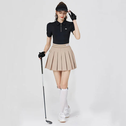 Blktee Slim Zipper Collar Golf Shirts Women Puff Short-sleeved Tops Ladies High Waist Golf Skirts Pleated Skorts with Ball Bag