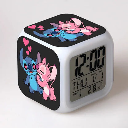 Cute Stitch Alarm Clock with Square Shape Design and Night Light Digital Display Cute Cartoon Gift for Kids Boys Girls Room Use