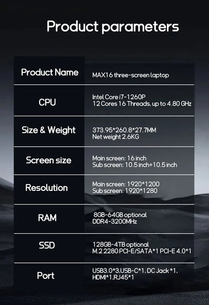 CRELANDER MAX16 New Laptop Triple Screen Intel Core i7 CPU 16 inch +dual 10.5 inch Face Recognition RJ45 M2 SSD Notebook Laptop