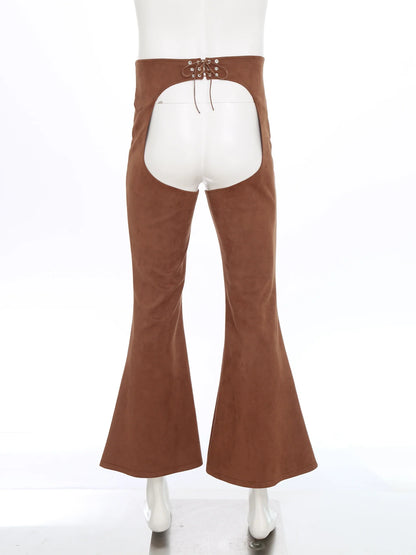 Womens Faux Suede Leather Cowboy Pants Vintage Adjustable Waist Hollow Out Bell Bottoms Biker Pants Riding Motorcycle Trousers