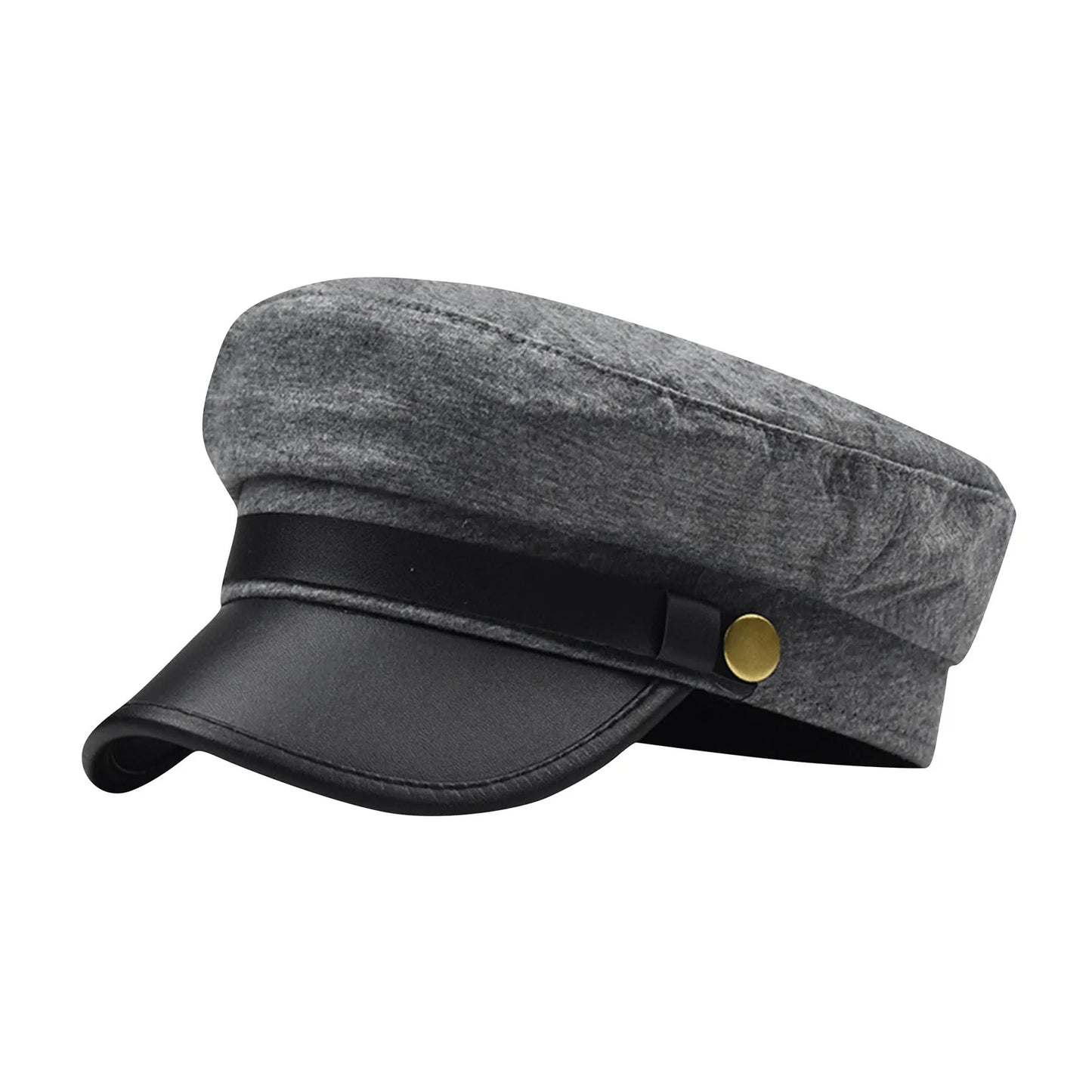 PU Leather Unisex Cycling Caps, Women Men Autumn Sailor Hat Black, Travel Student Hat, Flat Top Captain Hat