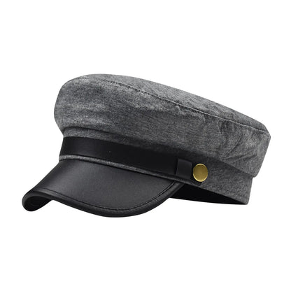 PU Leather Unisex Cycling Caps, Women Men Autumn Sailor Hat Black, Travel Student Hat, Flat Top Captain Hat