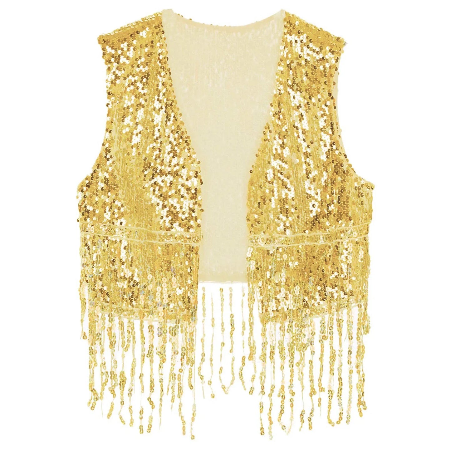 Mens Cowboy Western Costume Shiny Vintage 70s Disco Costumes Fringe Sequin Waistcoat Sleeveless Open Front Cropped Vest Cardigan