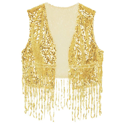 Mens Cowboy Western Costume Shiny Vintage 70s Disco Costumes Fringe Sequin Waistcoat Sleeveless Open Front Cropped Vest Cardigan