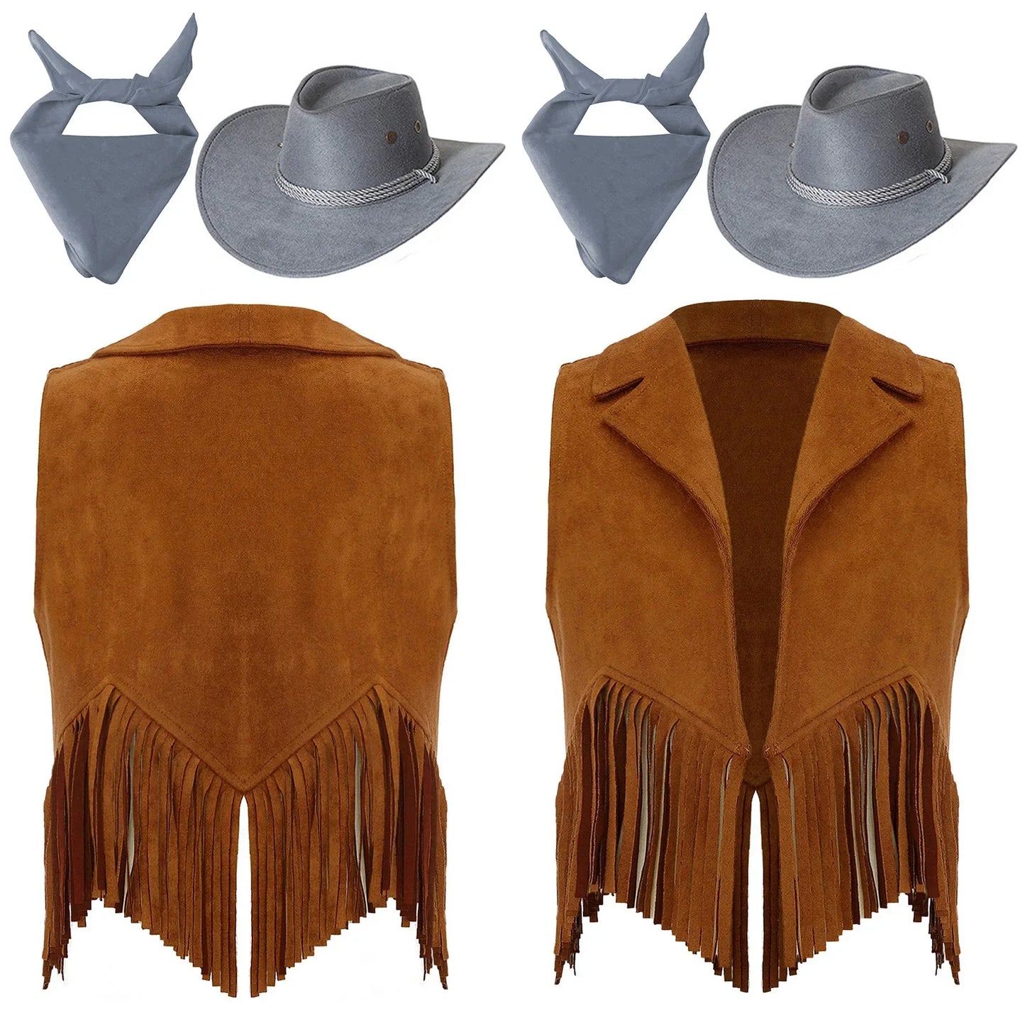 Girls Western Cowboy Cowgirl Cosplay Costume Open Front Retro Suede Tassels Vest with Bandana Scarf Hat for Halloween Carnival
