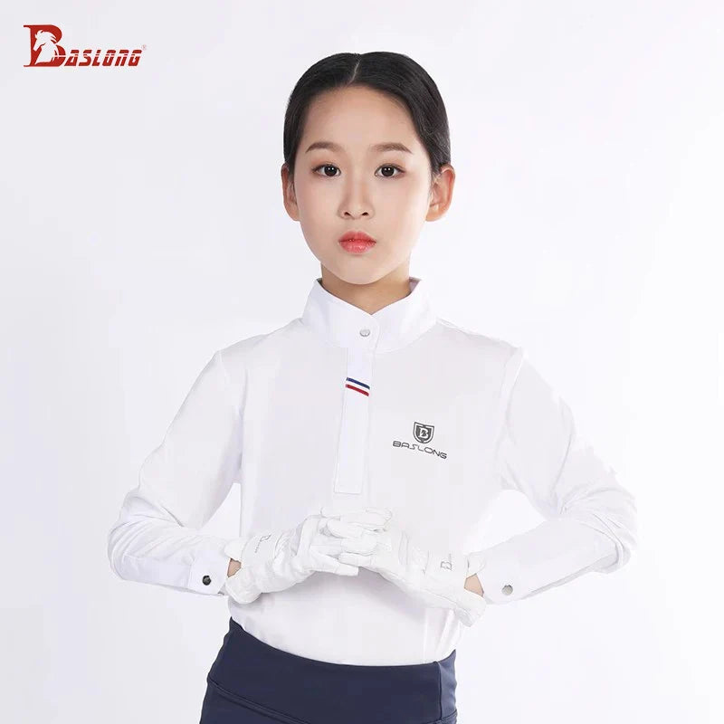 Baslong Equestrian Clothing Kidsren's T-Shirt Top Long-Sleeved Sun Protection Breathable Polo Shirt Girls Riding Competition Knight Clothing