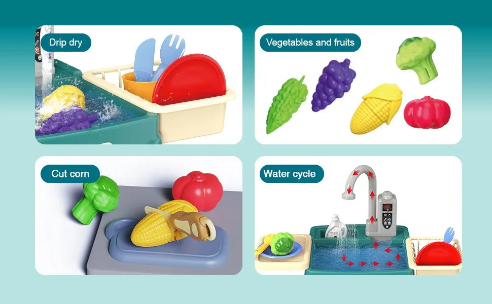 Jouets de jeu pour enfants à la maison Éducation précoce Simulation de cuisine Lave-vaisselle électrique Table de lavage de légumes avec sortie d'eau