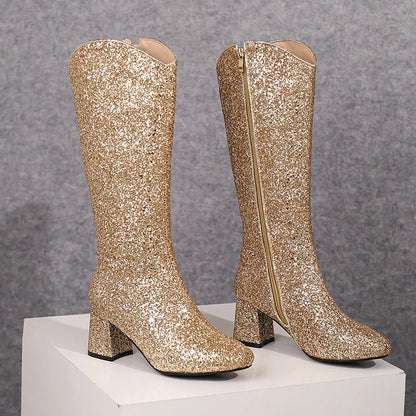 Bottes Hautes Scintillantes pour Femme, Ajustement Confortable, Talons 6,5 cm, Hiver 2024