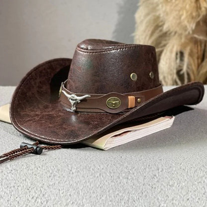 Western Cowboy Hat Ox Head Belt Rivet Fedora Cap For Men Women Outdoor Travel Wide Brim Sun Hat Faux Leather Panama Cowgirl Cap