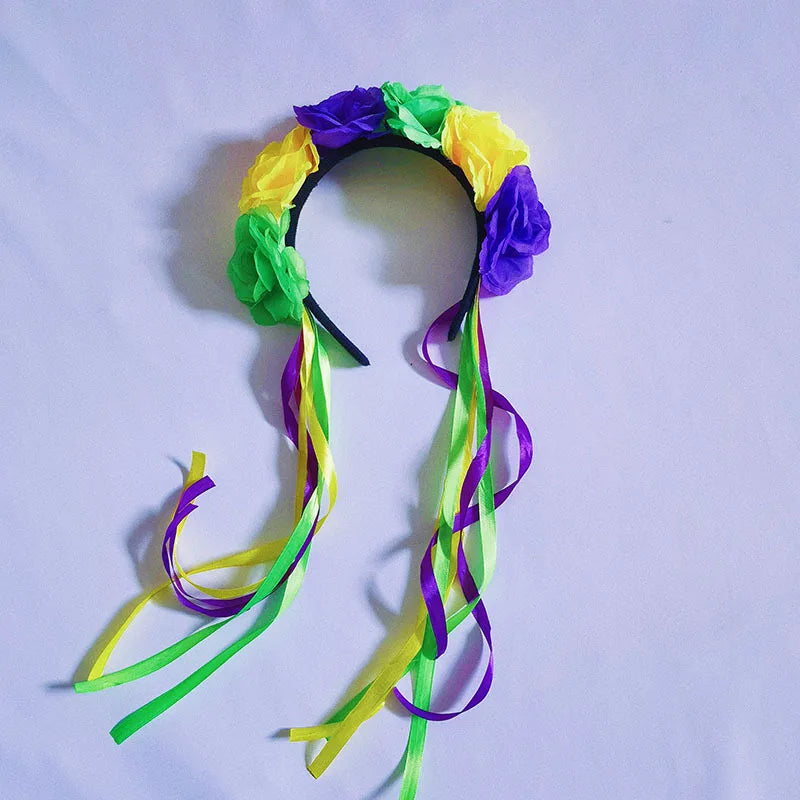 Simulation Rose Headband with Rainbow Ribbon Carnival Hair Accessories Festival Decorative Hairband Party Supplies Cosplay Props