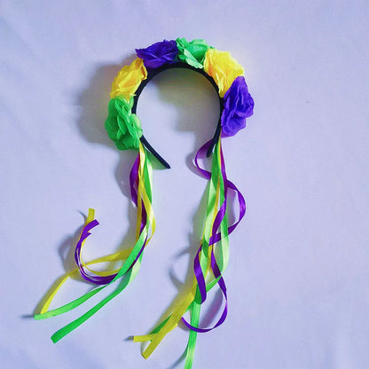 Simulation Rose Headband with Rainbow Ribbon Carnival Hair Accessories Festival Decorative Hairband Party Supplies Cosplay Props