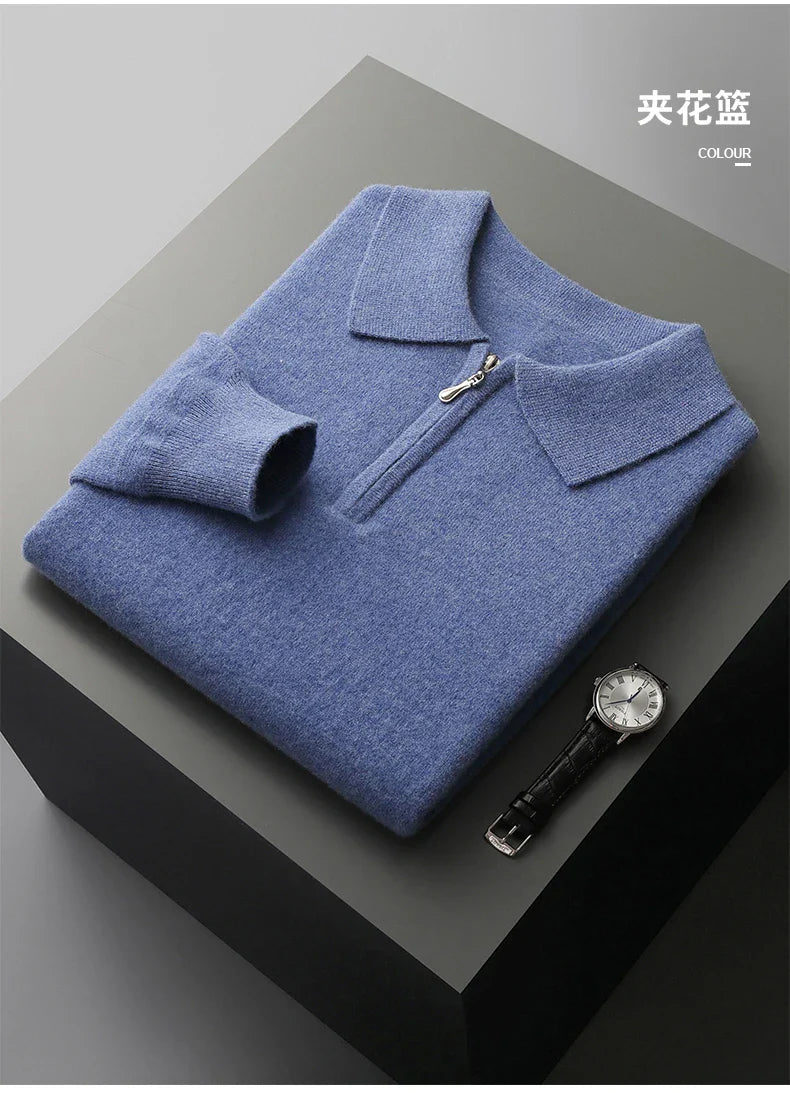 Autumn and Winter New Cashmere Sweater Men's 100% Merino Wool Pullover Casual Loose POLO Knitted Bottom Shirt Jacket Shirt