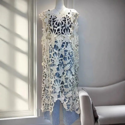 [EWQ] Chic belle Robe européenne à la mode femmes vêtements crochet à motifs découpe Robe sans manches Robe noire 2025 été nouveau