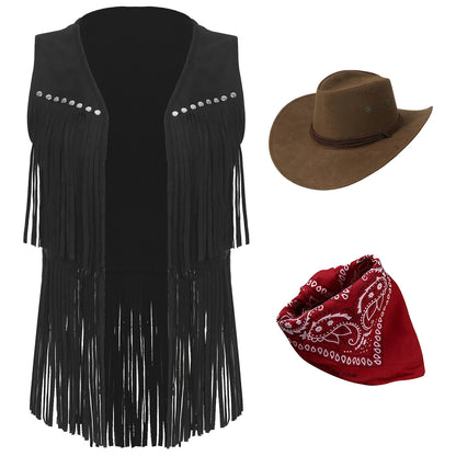 Women Cowboy Vest Halloween Party Western Cowgirl Cosplay Costume Faux Suede Tassel Fashion Rivets Waistcoat with Bandanna Hat