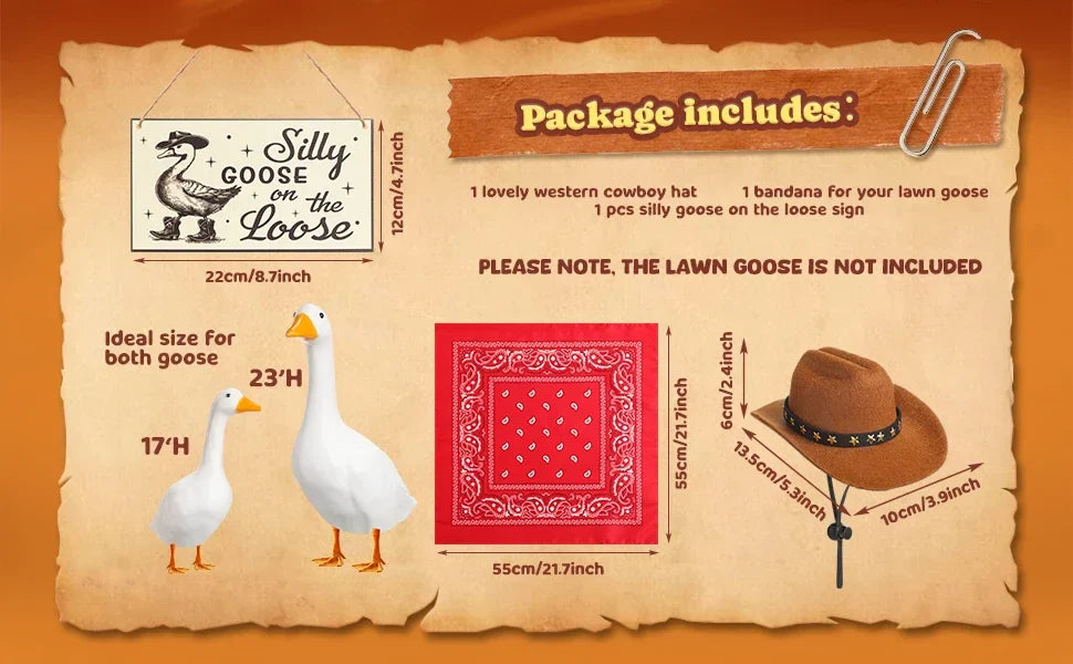 The Loose Hangings Sign Cowboy Goose Outfit with Cowboy Hat and Red Bandana for 23" Cement/Plastic Goose Outdoor Statue Patio