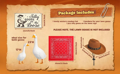 The Loose Hangings Sign Cowboy Goose Outfit with Cowboy Hat and Red Bandana for 23" Cement/Plastic Goose Outdoor Statue Patio