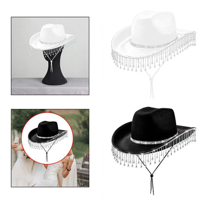 Chapeau de cowboy à large bord avec franges en strass pour femme, accessoire de fête, de cosplay, pour les fêtes, les spectacles en plein air