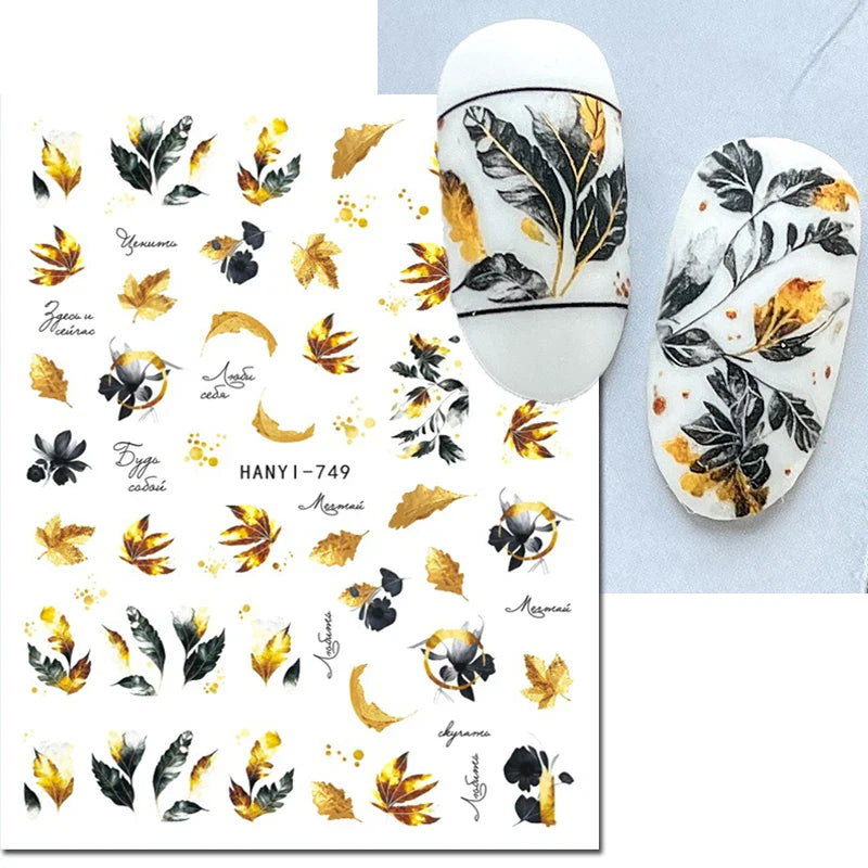 Autocollants 3D pour ongles Hiver Automne Feuilles dorées Roses Rouges Fleurs Décalcomanies pour la décoration des ongles Salon de manucure Beauté