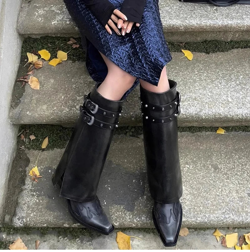 Autumn Cowboy Boots For Women Fashion Slip On Long Pipe Boots Female Square High Heel Trend Winter Footwear