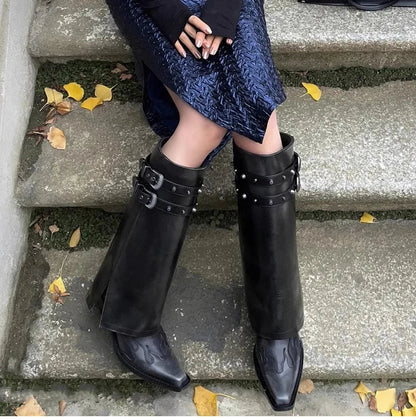 Autumn Cowboy Boots For Women Fashion Slip On Long Pipe Boots Female Square High Heel Trend Winter Footwear