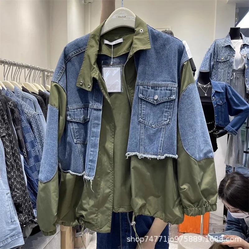 Women Patchwork Denim Bomber Jacket Spring Autumn Fake Two Piece Loose Drawstring Waist Patchwork Jean Coat Cowboy Cardigan Tops