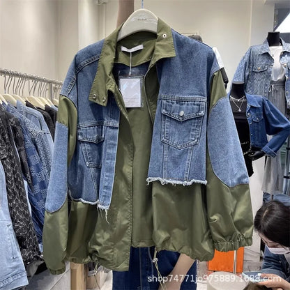 Women Patchwork Denim Bomber Jacket Spring Autumn Fake Two Piece Loose Drawstring Waist Patchwork Jean Coat Cowboy Cardigan Tops