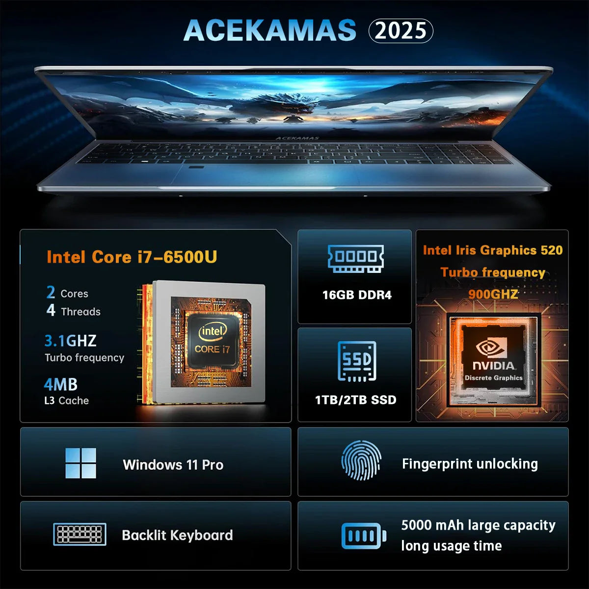 ACEKAMAS 15.6inch Laptop Computer Intel Core i7 6500U Windows 11 Pro Laptops Gaming DDR4 16GB SSD 1TB Portable Notebook PC Gamer