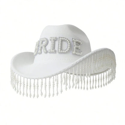 Cowgirl Hat for Bride Elegant Fringed Bead Hat Masquerade Party Letter Bride Hat Dropshipping