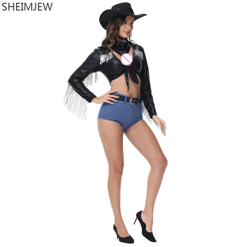 Costume de Cosplay de Cowboy occidental Disco, chanteur Sexy, pompon d'halloween, col en V profond, chemise en cuir à manches longues, pantalon court, Costume Hottie