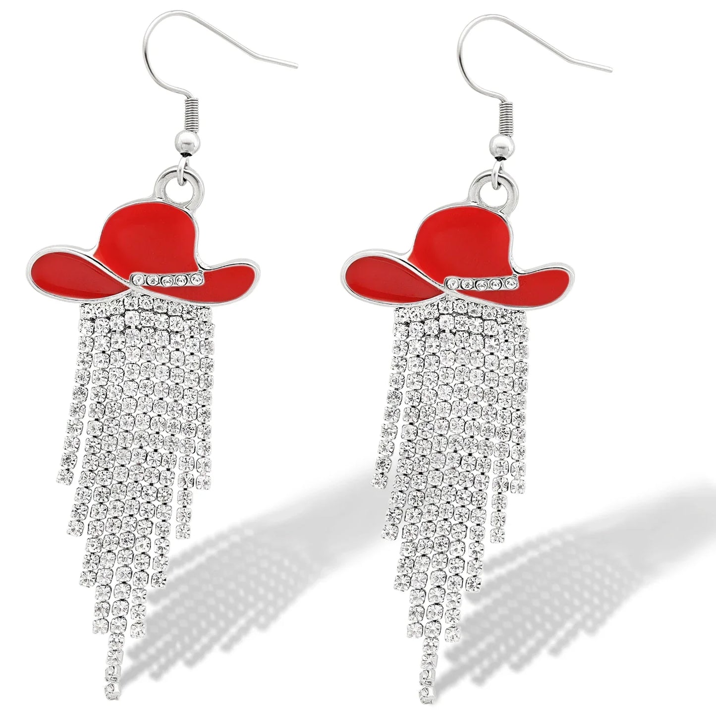 Boucles d'oreilles pendantes de cowgirl de l'Ouest, Chapeau en émail, Pendentif à pompon strass scintillant, Bijoux pour femmes pour bal, concerts country, rodéo, cow-boy