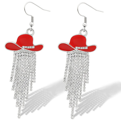 Boucles d'oreilles pendantes de cowgirl de l'Ouest, Chapeau en émail, Pendentif à pompon strass scintillant, Bijoux pour femmes pour bal, concerts country, rodéo, cow-boy
