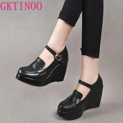 GKTINOO 2025 Compensées Chaussures Femme Printemps Automne À Enfiler Talons Hauts Bout Rond Cuir Véritable Décontracté Plateforme Dames Chaussures Femme