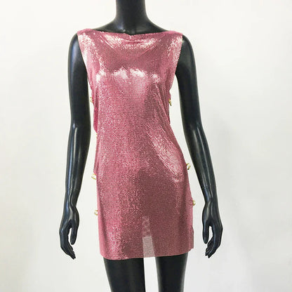 Shiny Y2k Metallic Sequins Mini Dresses For Women Sleeveless Backless Sexy Low Cut See Through Sexy Solid Clubwear Party Dress
