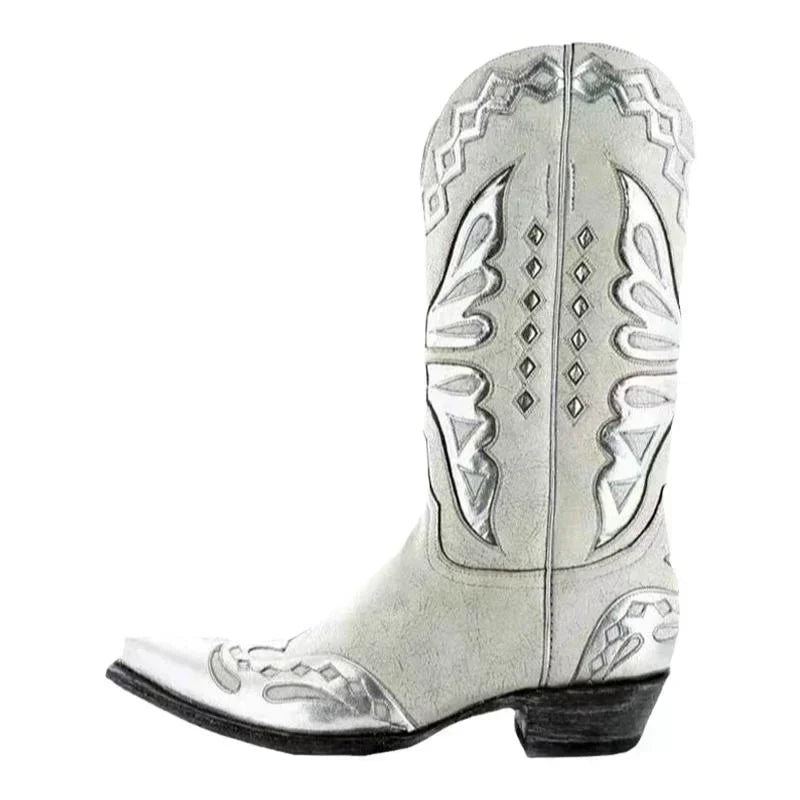 Bottes de cowgirl occidentales brodées vintage pour femmes, chaussures à enfiler, talon carré pour dames, bottes cavalières, mode automne et hiver