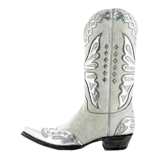 Bottes de cowgirl occidentales brodées vintage pour femmes, chaussures à enfiler, talon carré pour dames, chaussons longs de chevalier, mode automne et hiver