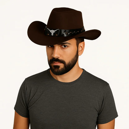Chapeau de Cowboy occidental de Style ethnique Cool, chapeau de Jazz à large bord en rouleau, tête de vache, chapeau de chevalier de couleur unie, Protection solaire