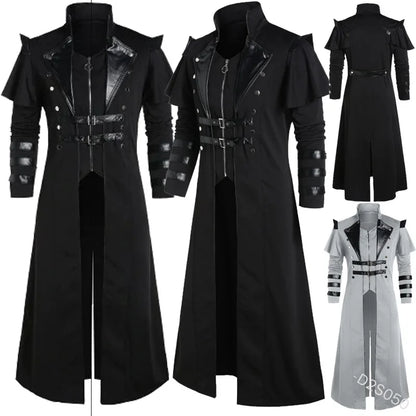 Vintage Halloween Médiéval Steampunk Assassin Elfes Pirate Costume Adulte Hommes Noir Longue Veste Fendue Manteaux en Cuir Armure Gothique