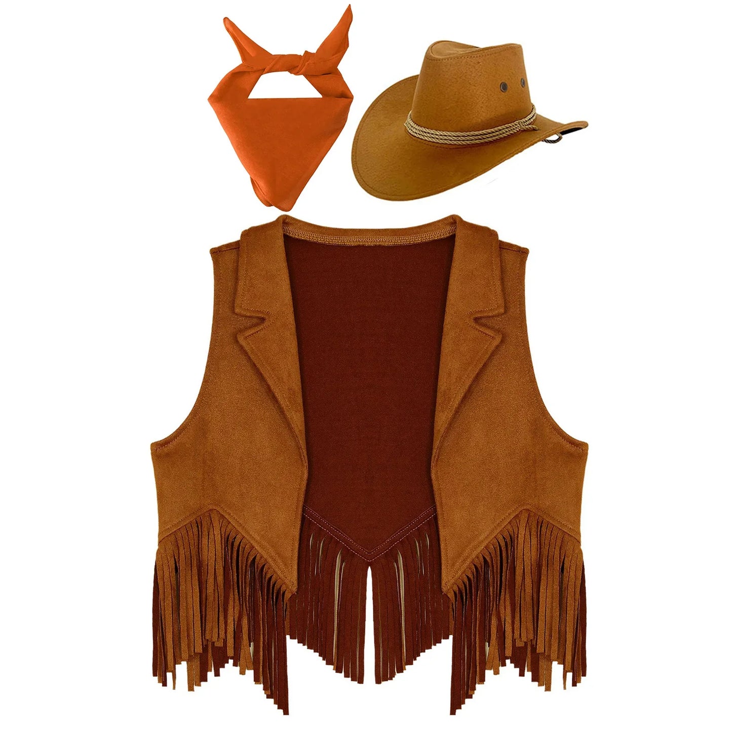 Costume de cosplay pour filles, cow-girl western, gilet en daim rétro à franges, ouvert sur le devant, avec bandana, foulard et chapeau pour Halloween et le carnaval